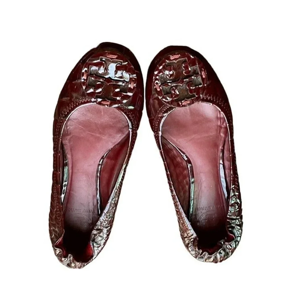 Tory Burch Minnie Travel Ballet Leather Burgundy Womens Casual US 6 M Slip Ons